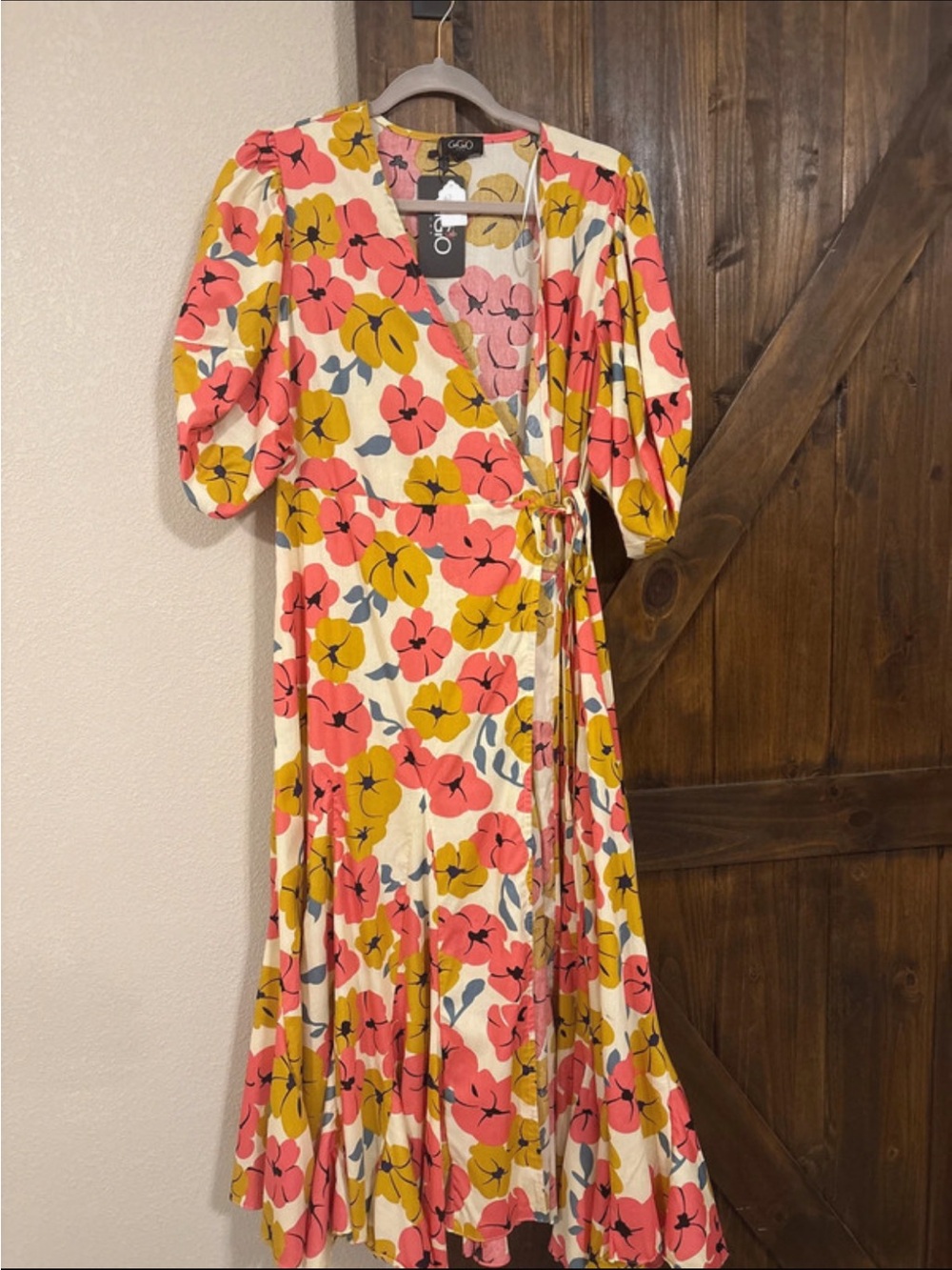 Floral Wrap Dress in Cream with Pink & Yellow